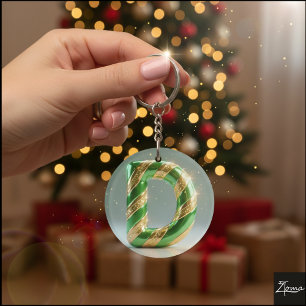 Glossy Green Gold Glitter Striped Letter D Key Ring