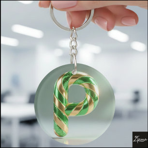 Glossy Green Gold Glitter Striped Letter P Key Ring