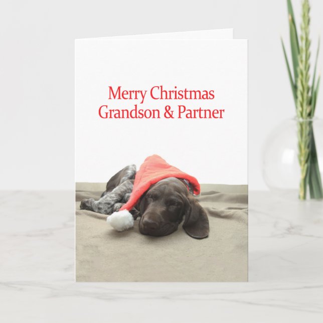 Glossy Grizzly Grandson & Partner Merry Christmas Holiday Card (Front)