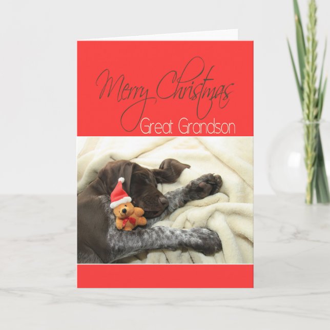 Glossy Grizzly Great Grandson Merry Christmas Holiday Card (Front)