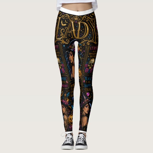 Glossy Halloween Lady Witch Collage Leggings (Front)