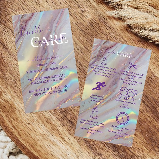 Glossy Holographic Marble Candle Care Business Card (Creator Uploaded)
