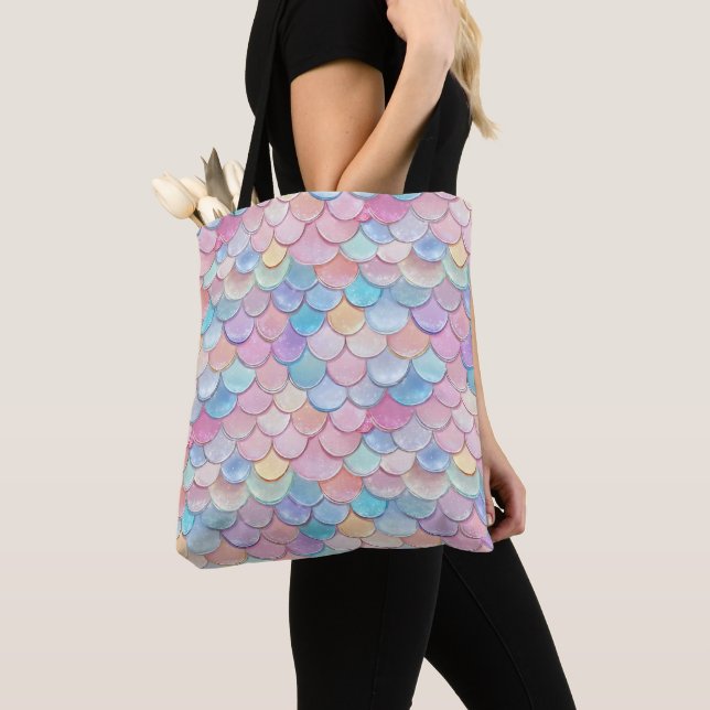 Glossy Mermaid Pastel Scale Tote Bag (Close Up)