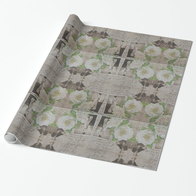 Glossy Modern Vintage Floral Rose Wrapping Paper (Unrolled)