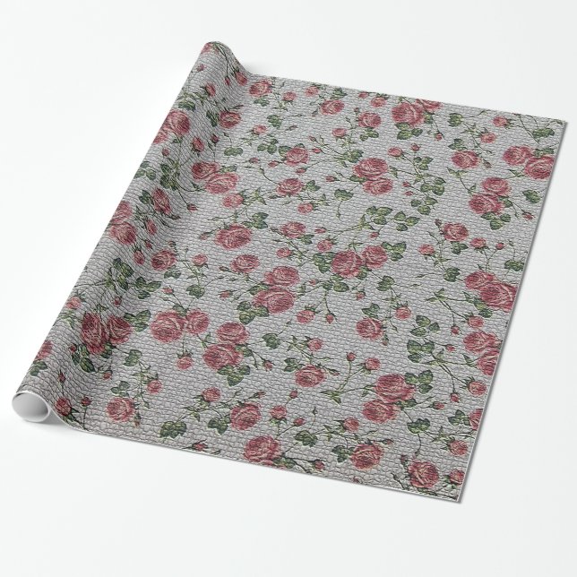Glossy Modern Vintage Floral Rose Wrapping Paper (Unrolled)