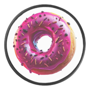 Glossy Pink Donut with Dark Sprinkles Hockey Puck