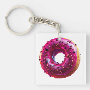 Glossy Pink Donut with Dark Sprinkles Key Ring