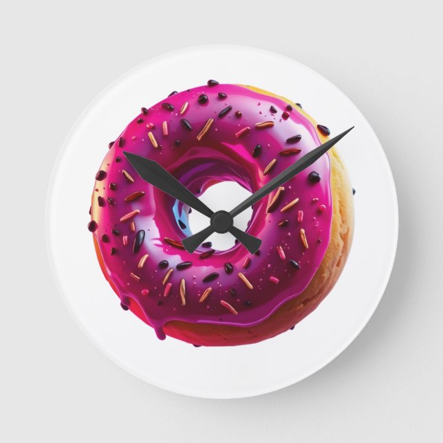 Glossy Pink Donut with Dark Sprinkles Round Clock (Front)