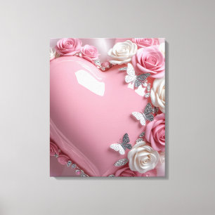 Glossy Pink Heart with Roses Butterflies Romantic  Canvas Print