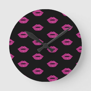 Glossy Pink Lips Purple Glitter Kisses Elegant Round Clock