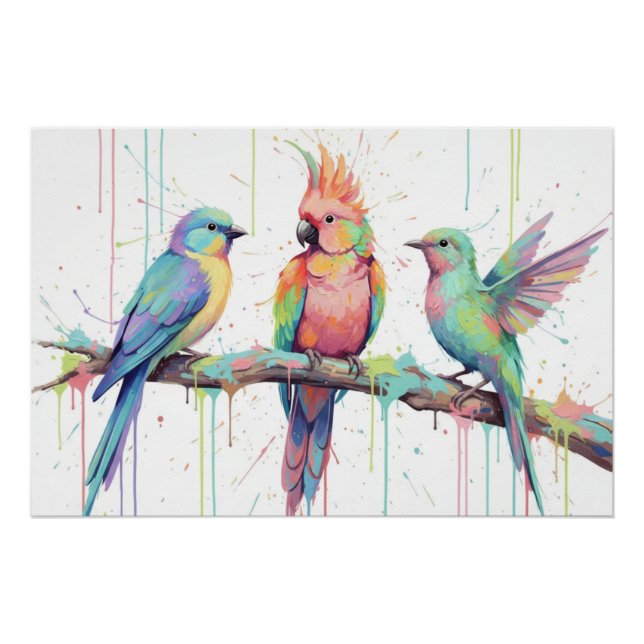 Glossy Poster of three pastel coloured birds (Front)