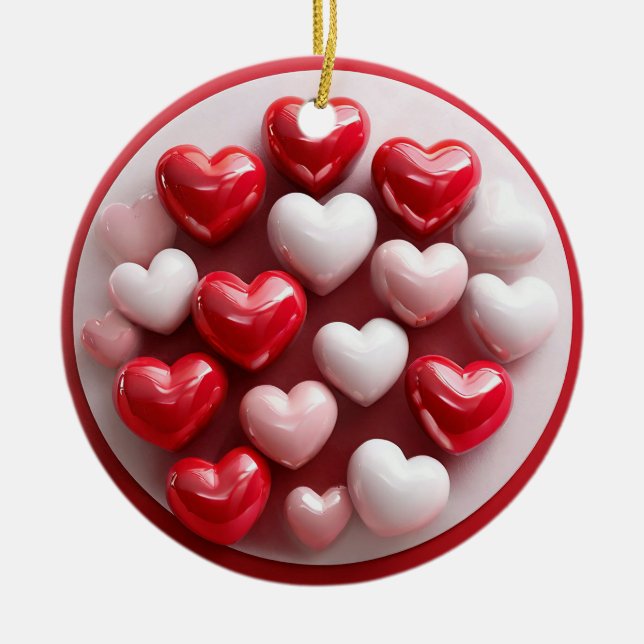 Glossy Red and White Hearts Ceramic Tree Decoration (Front)