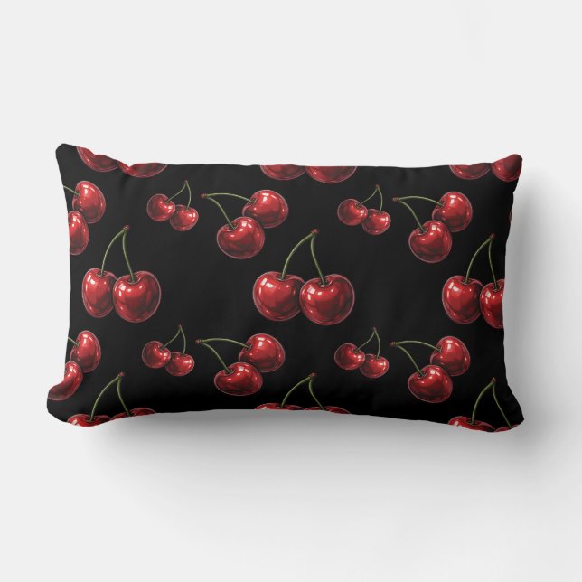 Glossy Red Cherries Black Retro Glam Lumbar Cushion (Front)