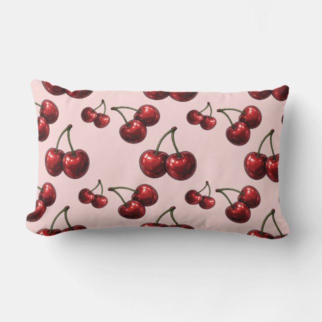 Glossy Red Cherries Pink Retro Glam Lumbar Cushion (Front)