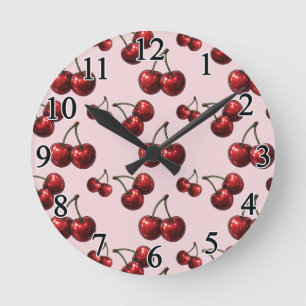 Glossy Red Cherries Pink Retro Glam Round Clock