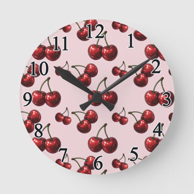 Glossy Red Cherries Pink Retro Glam Round Clock (Front)
