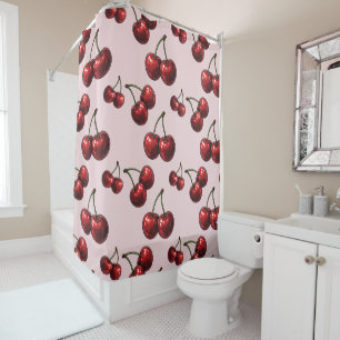 Glossy Red Cherries Pink Retro Glam Shower Curtain