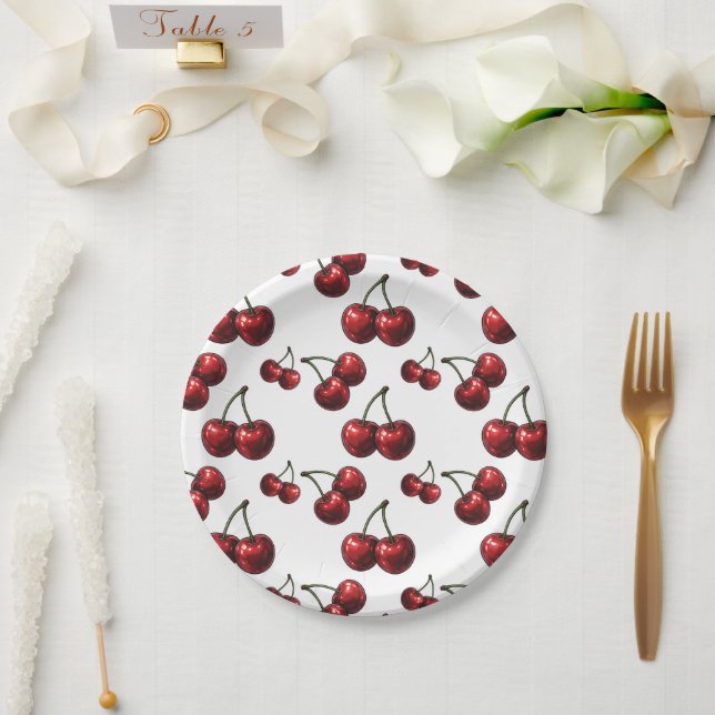Glossy Red Cherries White Retro Party Paper Plate (Wedding)