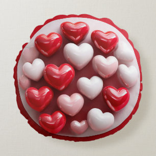 ❤️ Glossy Red White Heart Romantic Cosy Decor Round Cushion