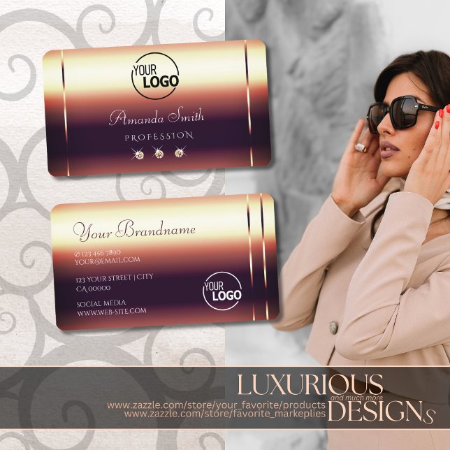 Glossy Rose Gold Optics Sparkle Diamonds add Logo Business Card (Creator Uploaded)