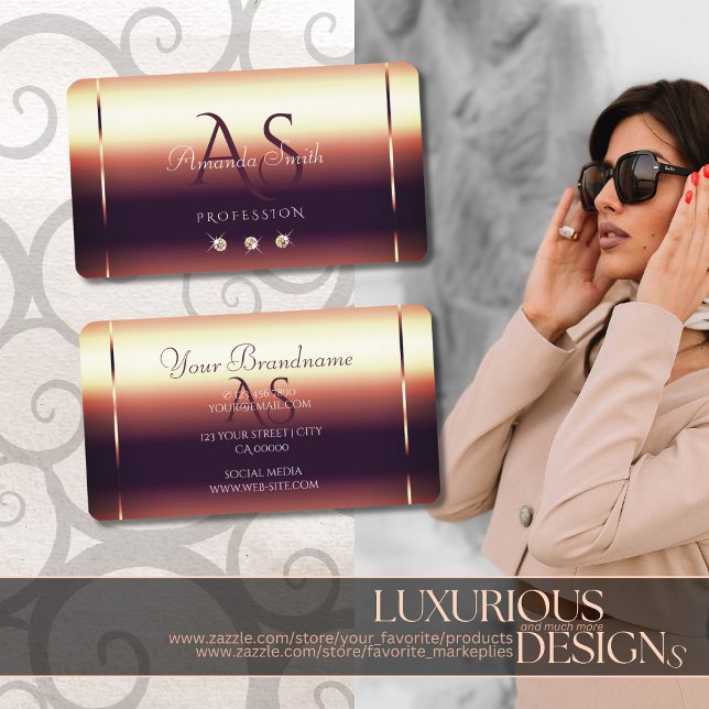 Glossy Rose Gold Optics Sparkle Diamonds Initials Business Card (Creator Uploaded)