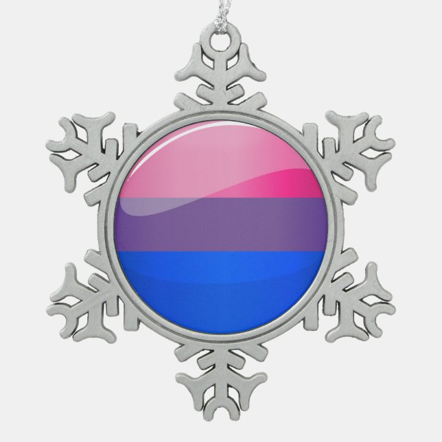 Glossy Round Bisexuality Flag Snowflake Pewter Christmas Ornament (Front)