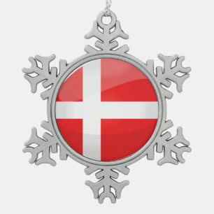 Glossy Round Denmark Flag Snowflake Pewter Christmas Ornament
