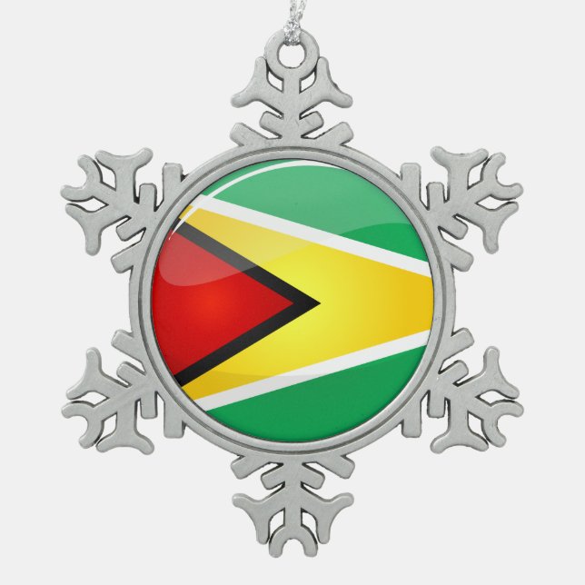 Glossy Round Guyanese Flag Snowflake Pewter Christmas Ornament (Front)