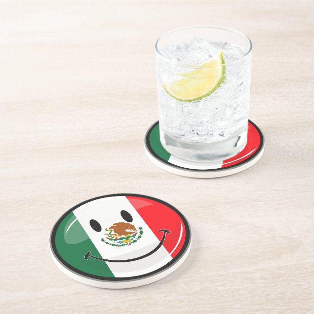 Glossy Round Smiling Mexican Flag Coaster (Side)
