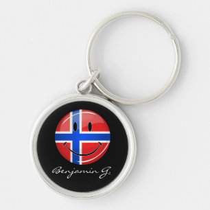 Glossy Round Smiling Norwegian Flag Key Ring