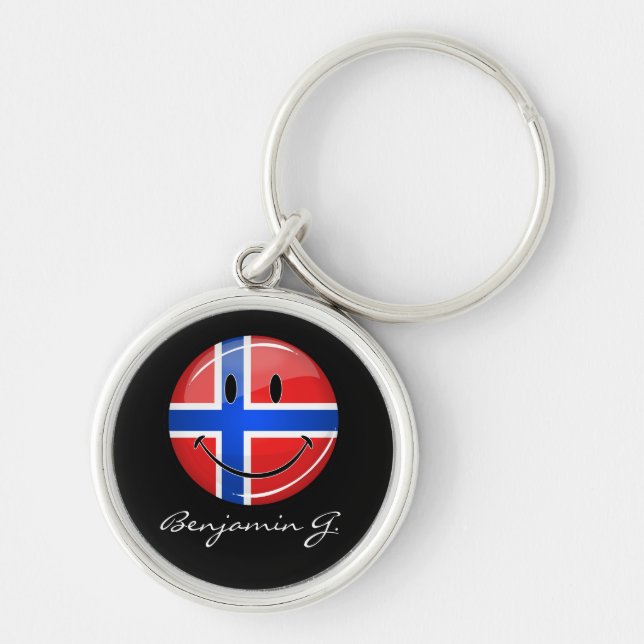 Glossy Round Smiling Norwegian Flag Key Ring (Front)