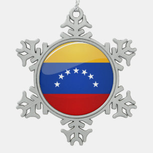 Glossy Round Venezuela Flag Snowflake Pewter Christmas Ornament