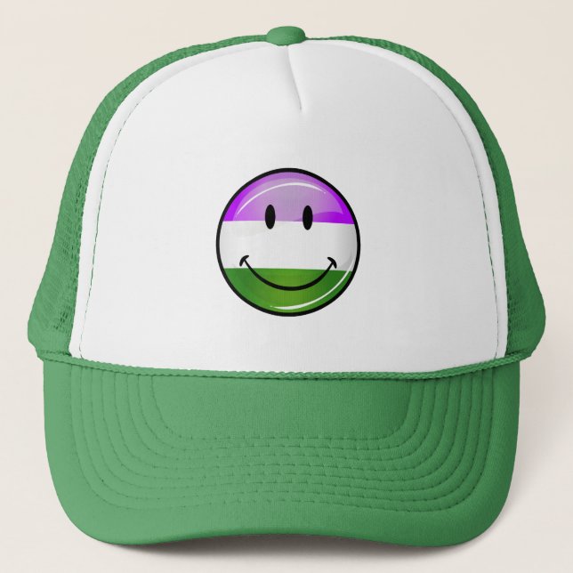Glossy Smiling Genderqueer Flag Trucker Hat (Front)