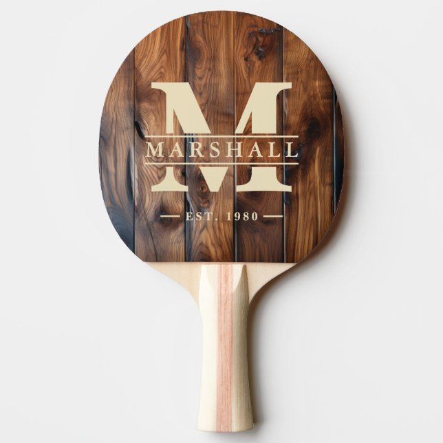 Glossy Stained Dark Wood Monogram & Name Overlay Ping Pong Paddle (Back)