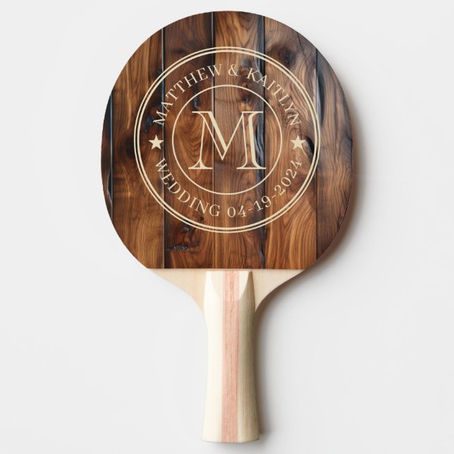 Glossy Stained Dark Wood Wedding Monogram Star Ping Pong Paddle (Front)