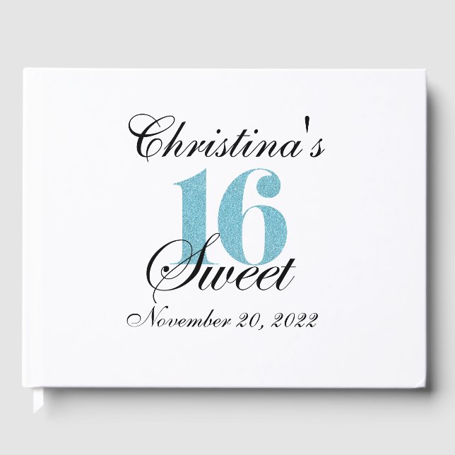 Glossy Sweet 16 Blue Glitter Custom Guest Book (Front)