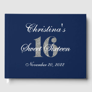 Glossy Sweet 16 Silver Glitter Custom Guest Book