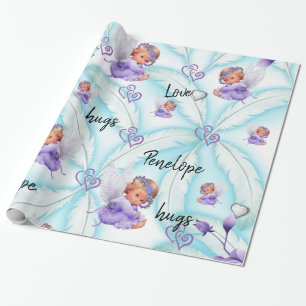 Glossy Wrapping Paper, Angel Blue Feathers Hearts Paper