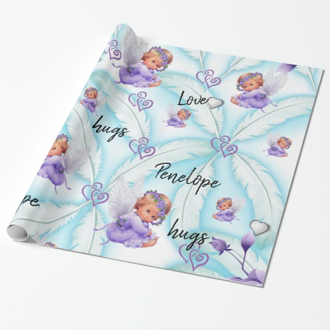 Glossy Wrapping Paper, Angel Blue Feathers Hearts Paper (Unrolled)