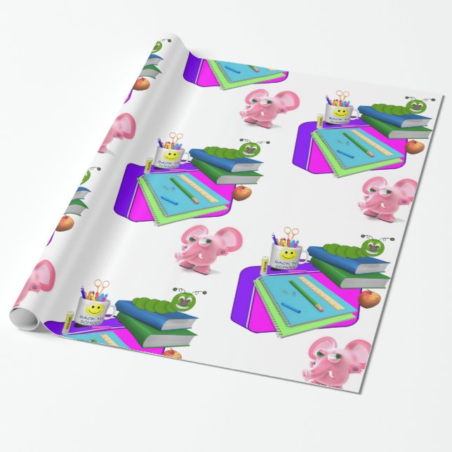 Glossy Wrapping Paper, Back to School Pink Pig Wrapping Paper (Unrolled)