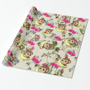 Glossy Wrapping Paper, Bananas Monkeys Floral Paper