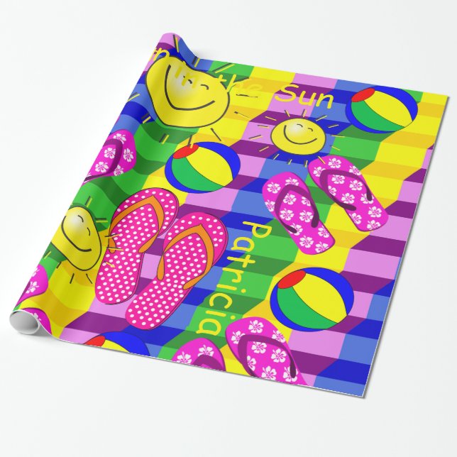 Glossy Wrapping Paper, Beach Ball Sun Flip Flops Wrapping Paper (Unrolled)