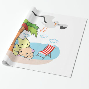 Glossy Wrapping Paper, Beach Cats Birds Wrapping Paper