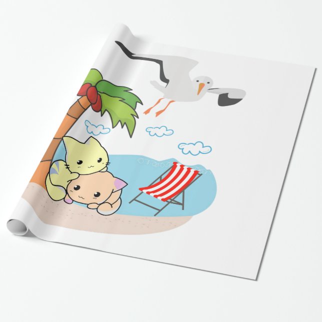 Glossy Wrapping Paper, Beach Cats Birds Wrapping Paper (Unrolled)