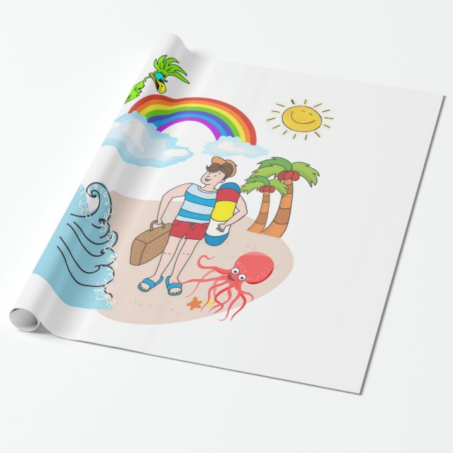 Glossy Wrapping Paper, Beach Fun Octopus Wrapping Paper (Unrolled)