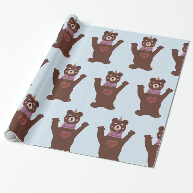 Glossy Wrapping Paper Bear  Baby boy gift (Unrolled)