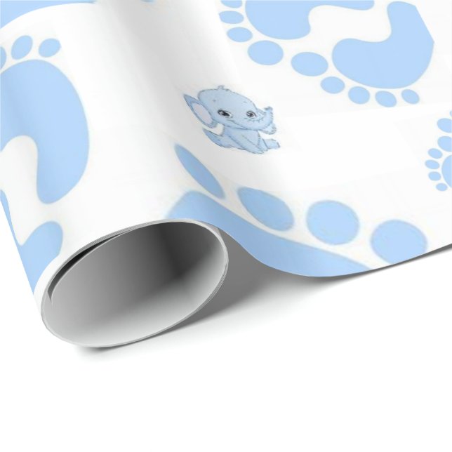 Glossy Wrapping Paper Blue Baby Feet Boy Elephant (Roll Corner)