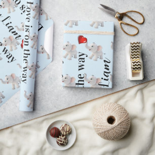 Glossy Wrapping Paper Blue Elephant Red Hearts