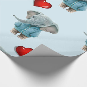Glossy Wrapping Paper Blue Elephant Red Hearts