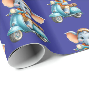 Glossy Wrapping Paper Blue Elephant Scooter 